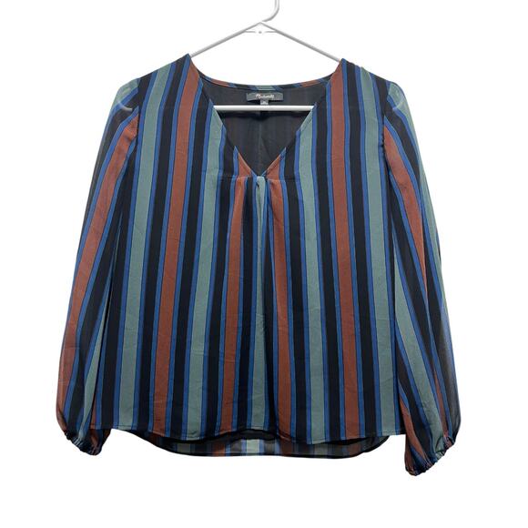 Madewell Women’s Striped Long Sleeve Blouse XS | Multicolor V-Neck Top - Picture 2 of 8